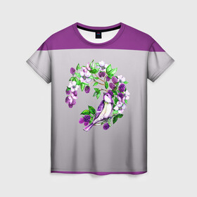 Женская футболка 3D с принтом Птичка в ежевичке , 100% полиэфир ( синтетическое хлопкоподобное полотно) | прямой крой, круглый вырез горловины, длина до линии бедер | акварель | акварельный | бабочки | венок | градиент | ежевика | ежевичный | круг | куст | птица | птицы | птичка | серый | серый градиент | цветочки | цветочный | цветы