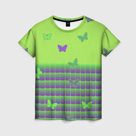 Женская футболка 3D с принтом Бабочки , 100% полиэфир ( синтетическое хлопкоподобное полотно) | прямой крой, круглый вырез горловины, длина до линии бедер | бабочки | кислотный рисунок | лето | насекомые | неон | солнце | тепло