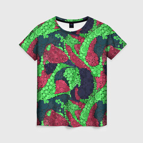 Женская футболка 3D с принтом Абстрактный пуантилизм  , 100% полиэфир ( синтетическое хлопкоподобное полотно) | прямой крой, круглый вырез горловины, длина до линии бедер | абстрактный | в горошек | детский | для детей | зеленый | красный | модный | пуантилизм | разноцветный | современный