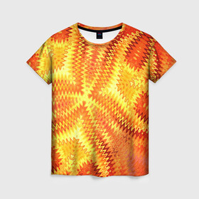 Женская футболка 3D с принтом Желто-оранжевая абстракция  , 100% полиэфир ( синтетическое хлопкоподобное полотно) | прямой крой, круглый вырез горловины, длина до линии бедер | желто оранжевый | желтый | зигзаги | иллюзия | креативный | летний | осенний | фентези