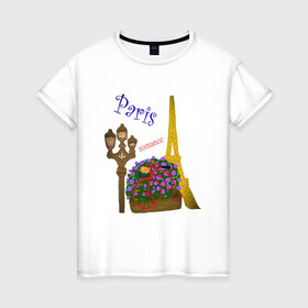 Женская футболка хлопок с принтом Кусочек Парижа , 100% хлопок | прямой крой, круглый вырез горловины, длина до линии бедер, слегка спущенное плечо | . | велик | велосипед | виласипед | города | любовь | мерцание | надписи | париж | путешествие | романтика | текст | фонарь | франция | цветы | эйфелева башня