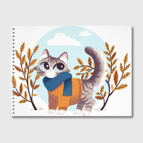 Альбом для рисования с принтом Осенний кот , 100% бумага
 | матовая бумага, плотность 200 мг. | арт | ветка | веточка | жёлтые листья | жёлтый листок | кот | котейка | кошка | листок | листья | небо | облака | облако | осень | рисунок
