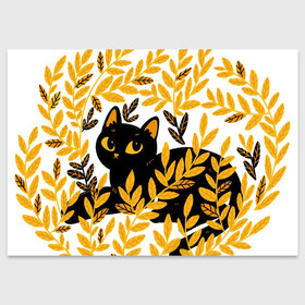 Поздравительная открытка с принтом Кот и осень , 100% бумага | плотность бумаги 280 г/м2, матовая, на обратной стороне линовка и место для марки
 | Тематика изображения на принте: арт | кот | котейка | кошка | осень | пшеница | рисунок | чёрная кошка | чёрный кот | чёрный котик