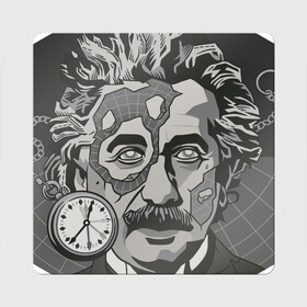 Магнит виниловый Квадрат с принтом Альберт Эйнштейн , полимерный материал с магнитным слоем | размер 9*9 см, закругленные углы | арт | время | рисунок | учёный | часы | чёрно белый | черно белый рисунок | эйнштейн