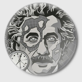 Значок с принтом Альберт Эйнштейн ,  металл | круглая форма, металлическая застежка в виде булавки | Тематика изображения на принте: арт | время | рисунок | учёный | часы | чёрно белый | черно белый рисунок | эйнштейн