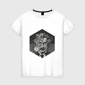 Женская футболка хлопок с принтом Альберт Эйнштейн , 100% хлопок | прямой крой, круглый вырез горловины, длина до линии бедер, слегка спущенное плечо | арт | время | рисунок | учёный | часы | чёрно белый | черно белый рисунок | эйнштейн