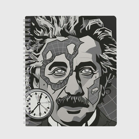Тетрадь с принтом Альберт Эйнштейн , 100% бумага | 48 листов, плотность листов — 60 г/м2, плотность картонной обложки — 250 г/м2. Листы скреплены сбоку удобной пружинной спиралью. Уголки страниц и обложки скругленные. Цвет линий — светло-серый
 | арт | время | рисунок | учёный | часы | чёрно белый | черно белый рисунок | эйнштейн