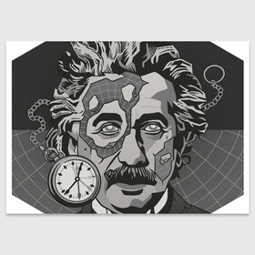 Поздравительная открытка с принтом Альберт Эйнштейн , 100% бумага | плотность бумаги 280 г/м2, матовая, на обратной стороне линовка и место для марки
 | арт | время | рисунок | учёный | часы | чёрно белый | черно белый рисунок | эйнштейн