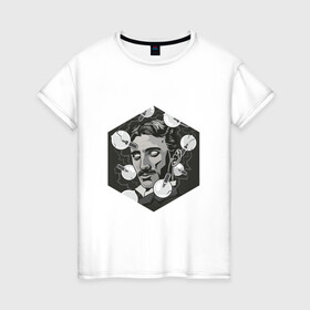 Женская футболка хлопок с принтом Никола Тесла , 100% хлопок | прямой крой, круглый вырез горловины, длина до линии бедер, слегка спущенное плечо | арт | лампочка | лампочки | никола тесла | рисунок | тесла | учёный | чёрно белый | черно белый рисунок | электричество