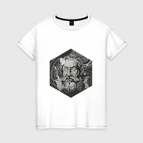 Женская футболка хлопок с принтом Галилео Галилей , 100% хлопок | прямой крой, круглый вырез горловины, длина до линии бедер, слегка спущенное плечо | арт | астрономия | галилео | галилео галилей | планета | планеты | рисунок | солнечная система | учёный | чёрно белый | черно белый рисунок