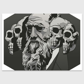 Поздравительная открытка с принтом Чарльз Дарвин , 100% бумага | плотность бумаги 280 г/м2, матовая, на обратной стороне линовка и место для марки
 | Тематика изображения на принте: арт | дарвин | рисунок | учёный | чарльз дарвин | череп | черепа | чёрно белый | черно белый рисунок | эволюция