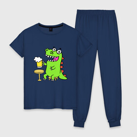 Женская пижама хлопок с принтом Пивозавр , 100% хлопок | брюки и футболка прямого кроя, без карманов, на брюках мягкая резинка на поясе и по низу штанин | dinosaur | pivo | pivozavr | динозавр | прикол
