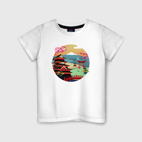 Детская футболка хлопок с принтом японский закат , 100% хлопок | круглый вырез горловины, полуприлегающий силуэт, длина до линии бедер | Тематика изображения на принте: вектор | горы | закат | пейзаж | сакура