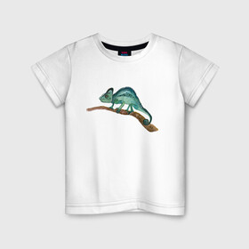 Детская футболка хлопок с принтом Зеленый хамелеон на ветке , 100% хлопок | круглый вырез горловины, полуприлегающий силуэт, длина до линии бедер | chameleon | green | lizard | reptile | torqoise | акварель | акварельный | бирюзовый | ветка | зеленый | иллюстрация | на ветке | скетч | хамелеон | ящерица