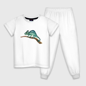 Детская пижама хлопок с принтом Зеленый хамелеон на ветке , 100% хлопок |  брюки и футболка прямого кроя, без карманов, на брюках мягкая резинка на поясе и по низу штанин
 | chameleon | green | lizard | reptile | torqoise | акварель | акварельный | бирюзовый | ветка | зеленый | иллюстрация | на ветке | скетч | хамелеон | ящерица