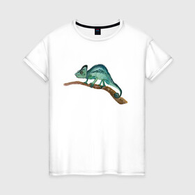 Женская футболка хлопок с принтом Зеленый хамелеон на ветке , 100% хлопок | прямой крой, круглый вырез горловины, длина до линии бедер, слегка спущенное плечо | chameleon | green | lizard | reptile | torqoise | акварель | акварельный | бирюзовый | ветка | зеленый | иллюстрация | на ветке | скетч | хамелеон | ящерица