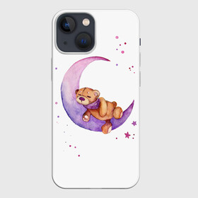 Чехол для iPhone 13 mini с принтом Плюшевый мишка спит на луне ,  |  | bedtime | dream | moon | night | sleep | stars | teddy bear | акварель | акварельный | детский | дизайн | звездный | звезды | игрушка | луна | малыш | малышковый | медведь | милый | мишка | ночь | плюшевый | розовый | сиреневый