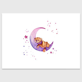 Поздравительная открытка с принтом Плюшевый мишка спит на луне , 100% бумага | плотность бумаги 280 г/м2, матовая, на обратной стороне линовка и место для марки
 | Тематика изображения на принте: bedtime | dream | moon | night | sleep | stars | teddy bear | акварель | акварельный | детский | дизайн | звездный | звезды | игрушка | луна | малыш | малышковый | медведь | милый | мишка | ночь | плюшевый | розовый | сиреневый