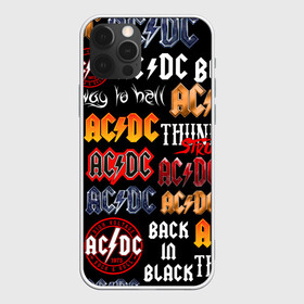 Чехол для iPhone 12 Pro с принтом AC DC LOGOBOMBING  , силикон | область печати: задняя сторона чехла, без боковых панелей | Тематика изображения на принте: ac dc | angus young. | back in black | brian johnson | hells bells | highway to hell | rock | thunderstruck | tnt | ангус янг | брайан джонсон | группа | музыка | рок | эйси диси