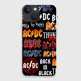 Чехол для iPhone 13 mini с принтом AC DC LOGOBOMBING ,  |  | Тематика изображения на принте: ac dc | angus young. | back in black | brian johnson | hells bells | highway to hell | rock | thunderstruck | tnt | ангус янг | брайан джонсон | группа | музыка | рок | эйси диси