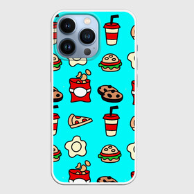 Чехол для iPhone 13 Pro с принтом Вкусняхи из Макдака ,  |  | Тематика изображения на принте: бургер | вкусняхи | еда | кола | мак | напиток | печеньки | пицца | яйцо.