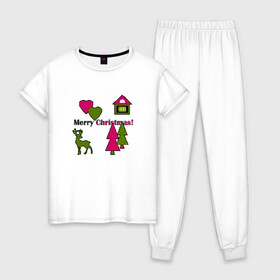 Женская пижама хлопок с принтом С рождеством! , 100% хлопок | брюки и футболка прямого кроя, без карманов, на брюках мягкая резинка на поясе и по низу штанин | детский | домик | елки | модный | олень | пиксельный узор | рождество | сердце