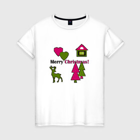 Женская футболка хлопок с принтом С рождеством! , 100% хлопок | прямой крой, круглый вырез горловины, длина до линии бедер, слегка спущенное плечо | детский | домик | елки | модный | олень | пиксельный узор | рождество | сердце