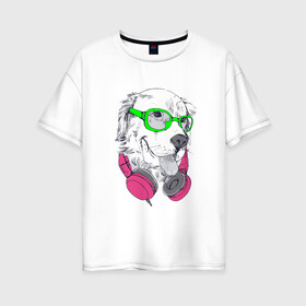 Женская футболка хлопок Oversize с принтом Крутая Собака в Наушниках! , 100% хлопок | свободный крой, круглый ворот, спущенный рукав, длина до линии бедер
 | арт | наушники | очки | пёс | пухнастик | собака | шерстяной.