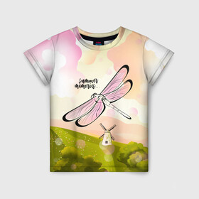 Детская футболка 3D с принтом Стрекоза. Воспоминания о лете , 100% гипоаллергенный полиэфир | прямой крой, круглый вырез горловины, длина до линии бедер, чуть спущенное плечо, ткань немного тянется | лето | насекомое | небо | облака | пейзаж | поле | стрекоза
