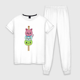 Женская пижама хлопок с принтом друзья на шпажке , 100% хлопок | брюки и футболка прямого кроя, без карманов, на брюках мягкая резинка на поясе и по низу штанин | друзья | кошка | мороженое | неко | улыбка