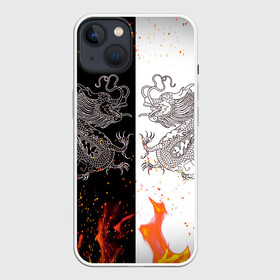 Чехол для iPhone 13 с принтом Драконы Черный и Белый | Огонь ,  |  | beast | dragon | fire | дракон | животные | зверь | змей | когти | огонь | пламя | узор | чб | японский