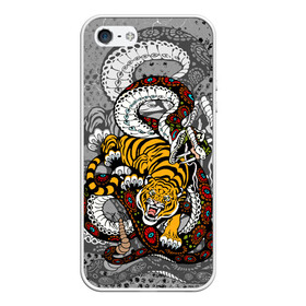 Чехол для iPhone 5/5S матовый с принтом Змея и Тигр|Tiger Snake Fight  , Силикон | Область печати: задняя сторона чехла, без боковых панелей | beast | борьба | животные | зверь | змея | когти | кошки | огонь | тигр | узор | чб | японский