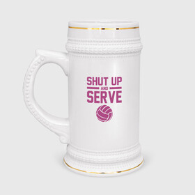 Кружка пивная с принтом Shut Up And Serve ,  керамика (Материал выдерживает высокую температуру, стоит избегать резкого перепада температур) |  объем 630 мл | ball | beach | game | sport | volley | volleyball | волейбол | волейболист | волейболистка | гол | игра | игрок | мяч | площадка | пляж | пляжный | победа | сетка | спорт | тренер | чемпион