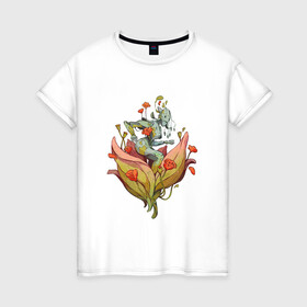 Женская футболка хлопок с принтом Железная фея , 100% хлопок | прямой крой, круглый вырез горловины, длина до линии бедер, слегка спущенное плечо | арт | киборг | красные цветы | красный цветок | мак | маки | планета | природа | рисунок | робот | цветок | цветы