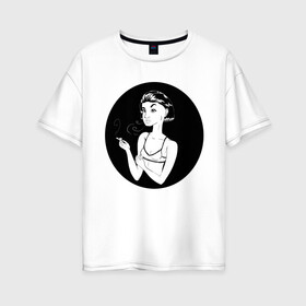 Женская футболка хлопок Oversize с принтом Леди Smoke , 100% хлопок | свободный крой, круглый ворот, спущенный рукав, длина до линии бедер
 | девушка | дым | леди smoke | ч б