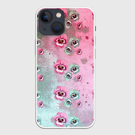 Чехол для iPhone 13 mini с принтом Акварельный камуфляж с цветами ,  |  | Тематика изображения на принте: акварель | акварельный | анютины глазки | градиент | женственный | камуфляж | разводы | разноцветный | фиалки | цветочки | цветочный | цветы