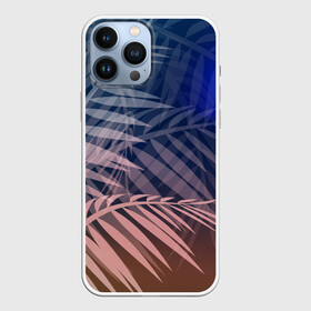 Чехол для iPhone 13 Pro Max с принтом Тропическая ночь ,  |  | вечер | коричневый | коричневый и синий | листья | луна | ночь | отдых | пальмы | природа | путешествие | синий
