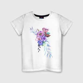 Детская футболка хлопок с принтом Акварель цветы , 100% хлопок | круглый вырез горловины, полуприлегающий силуэт, длина до линии бедер | flowers | акварель | букет | синий | цветы