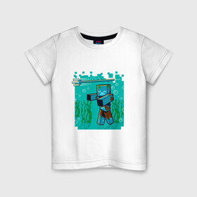 Детская футболка хлопок с принтом Утопленник (Drowne) Майнкрафт , 100% хлопок | круглый вырез горловины, полуприлегающий силуэт, длина до линии бедер | maincraft | mob | pixel | unit | водоросли | зомби | маинкрафт | майнкрафт | моб | персонаж | пиксели | подводный | трезубец | тризубец | утопленник