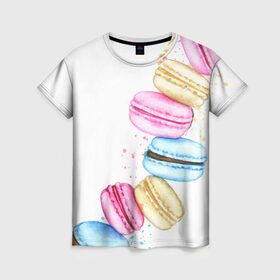 Женская футболка 3D с принтом Macarons. Нежный десерт , 100% полиэфир ( синтетическое хлопкоподобное полотно) | прямой крой, круглый вырез горловины, длина до линии бедер | Тематика изображения на принте: акварель | акварельные | десерт | десерты | макаронс | макаруны | пирожное | пирожные | разноцветные | сладости