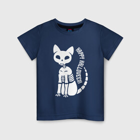 Детская футболка хлопок с принтом Happy Halloween , 100% хлопок | круглый вырез горловины, полуприлегающий силуэт, длина до линии бедер | bones | cat | halloween | holiday | skull | tail | кости | кот | котёнок | кошка | праздник | хвост | хэллоуин | череп