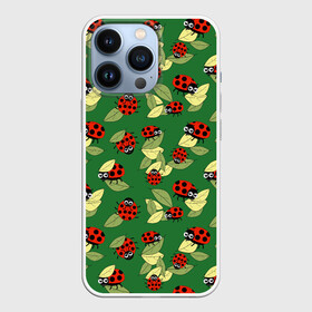 Чехол для iPhone 13 Pro с принтом Божьи коровки на зеленом фоне ,  |  | autumn | beetles | childrens | green | hide and seek | insects | ladybugs | leaves | play | print | red | summer | watch | yellow | божьи коровки | детский | желтые | жуки | зеленые | играют | красные | лето | листья | насекомые | осень | принт | прятки |