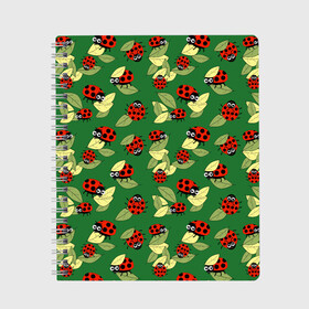 Тетрадь с принтом Божьи коровки на зеленом фоне , 100% бумага | 48 листов, плотность листов — 60 г/м2, плотность картонной обложки — 250 г/м2. Листы скреплены сбоку удобной пружинной спиралью. Уголки страниц и обложки скругленные. Цвет линий — светло-серый
 | autumn | beetles | childrens | green | hide and seek | insects | ladybugs | leaves | play | print | red | summer | watch | yellow | божьи коровки | детский | желтые | жуки | зеленые | играют | красные | лето | листья | насекомые | осень | принт | прятки |