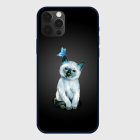 Чехол для iPhone 12 Pro с принтом Тайский котенок с бабочкой , силикон | область печати: задняя сторона чехла, без боковых панелей | Тематика изображения на принте: акварель | бабочка | кот | котенок | котик | кошечка | кошка | смешной | тайский | темный
