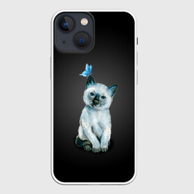 Чехол для iPhone 13 mini с принтом Тайский котенок с бабочкой ,  |  | Тематика изображения на принте: акварель | бабочка | кот | котенок | котик | кошечка | кошка | смешной | тайский | темный