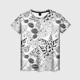 Женская футболка 3D с принтом Черно-белый узор Тропики , 100% полиэфир ( синтетическое хлопкоподобное полотно) | прямой крой, круглый вырез горловины, длина до линии бедер | абстрактный | листья | модный | популярный | рисунок | скетч | тропический узор | цветы | черный и белый | экзотические растения