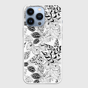 Чехол для iPhone 13 Pro с принтом Черно белый узор Тропики ,  |  | Тематика изображения на принте: абстрактный | листья | модный | популярный | рисунок | скетч | тропический узор | цветы | черный и белый | экзотические растения