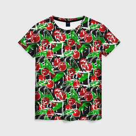 Женская футболка 3D с принтом Абстрактный узор спелая вишня , 100% полиэфир ( синтетическое хлопкоподобное полотно) | прямой крой, круглый вырез горловины, длина до линии бедер | вишня | детский | зеленый | красная вишня | красный | летний узор | лето | ягодный принт | ягоды