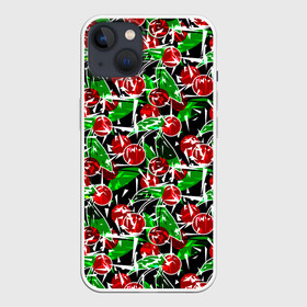 Чехол для iPhone 13 с принтом Абстрактный узор спелая вишня ,  |  | вишня | детский | зеленый | красная вишня | красный | летний узор | лето | ягодный принт | ягоды