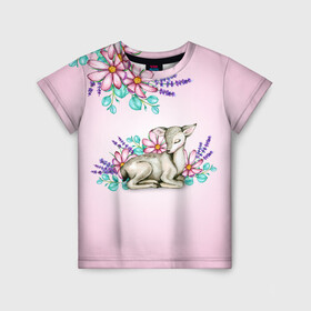 Детская футболка 3D с принтом Олененок в цветах , 100% гипоаллергенный полиэфир | прямой крой, круглый вырез горловины, длина до линии бедер, чуть спущенное плечо, ткань немного тянется | акварель | акварельный | градиент | космея | лаванда | олененок | олени | олень | цветочный | цветы